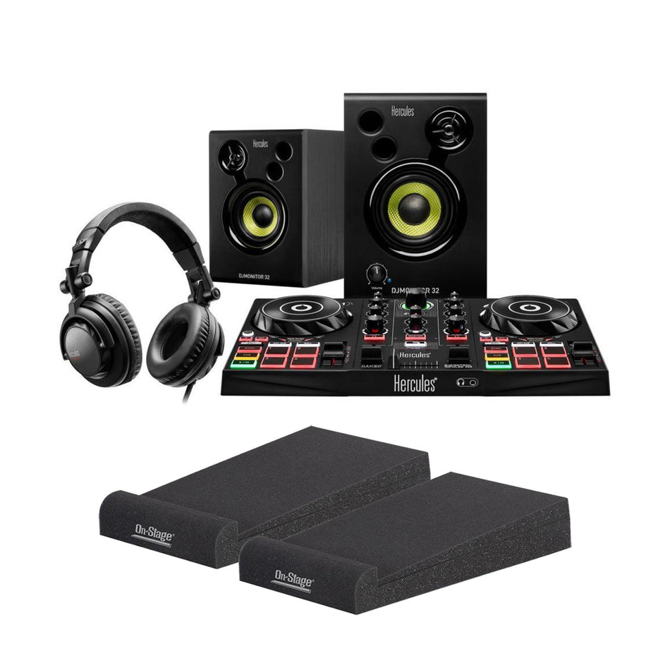 Hercules DJ Learning Kit w/ On-Stage ASP3001 Monitor Isolation Pads Bundle