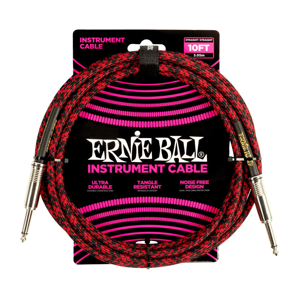 Ernie Ball P06394 10-foot Red/Black Braided 1/4" TS Instrument Cable Straight/Straight