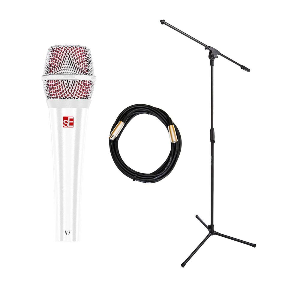 sE Electronics V7 White Dynamic Vocal Microphone Bundle with Stand & XLR Cable