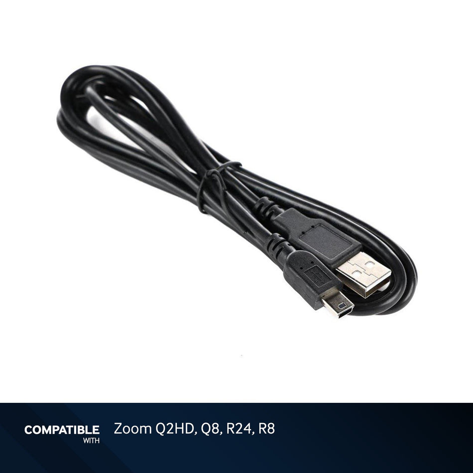 6-foot Black USB-A to Mini B Cable for Zoom Q2HD, Q8, R24, R8