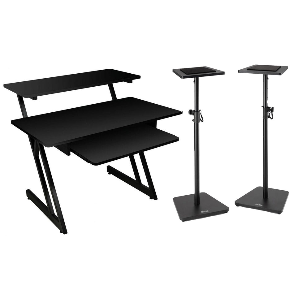 On-Stage WS7500B Black Workstation Bundle with Studio Monitor Stands