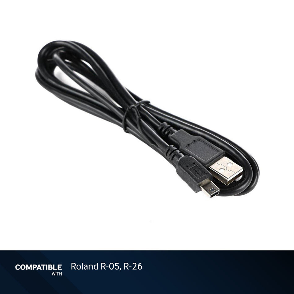 6-foot Black USB-A to Mini B Cable for Roland R-05, R-26