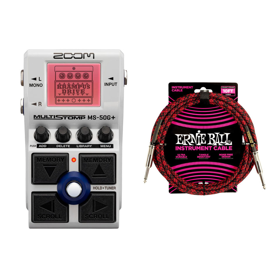 Zoom MS-50G+ Multi-Effects Pedal Bundle with Braided Instrument Cable