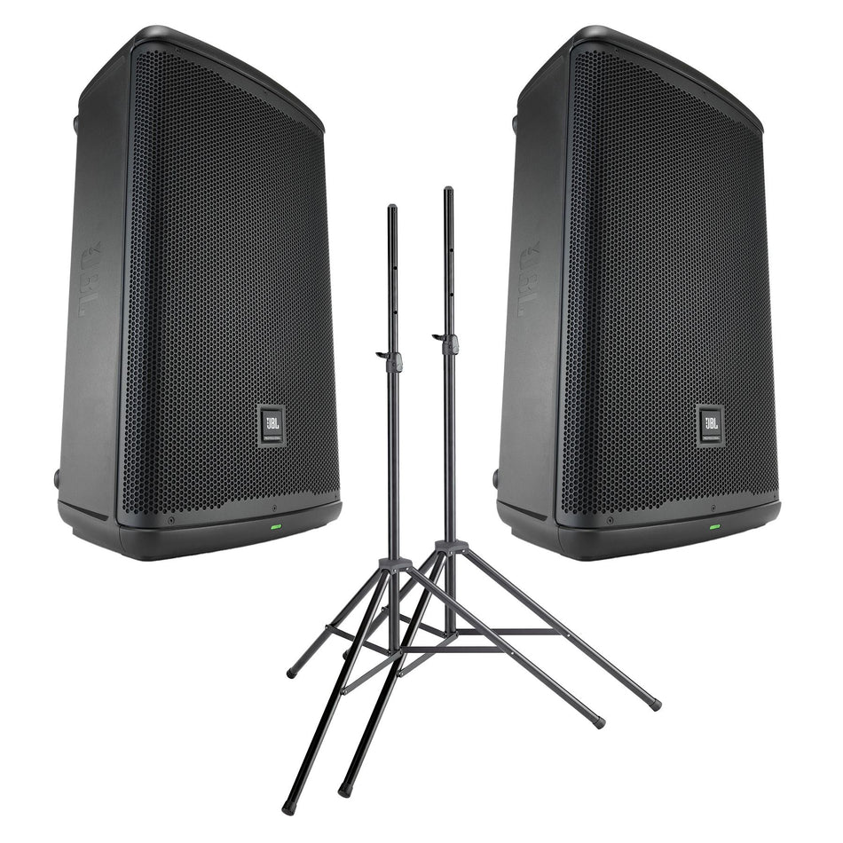 Stereo Pair of JBL EON715 15-inch Powered Loudspeakers Bundle with K&M 21471 Speaker Stand