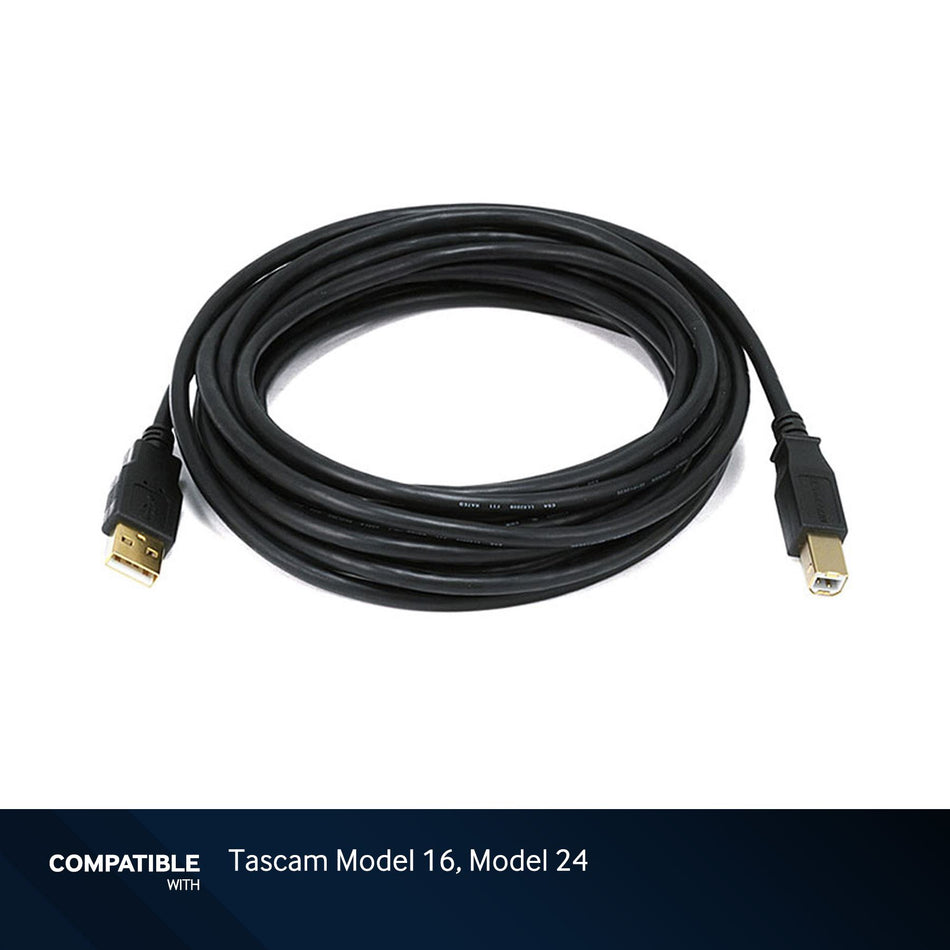 15-foot Black USB-A to USB-B 2.0 Gold Plated Cable for Tascam Model 16, Model 24