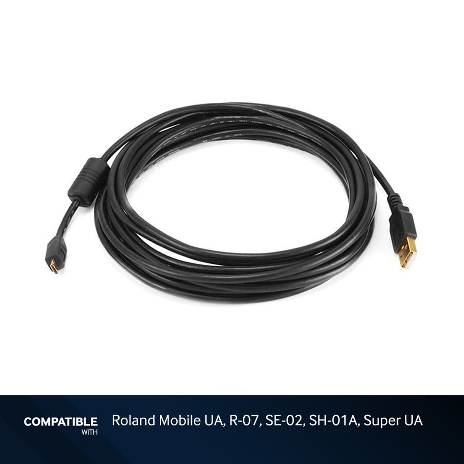 15-foot Black USB-A to Micro B Cable for Roland Mobile UA, R-07, SE-02, SH-01A, Super UA