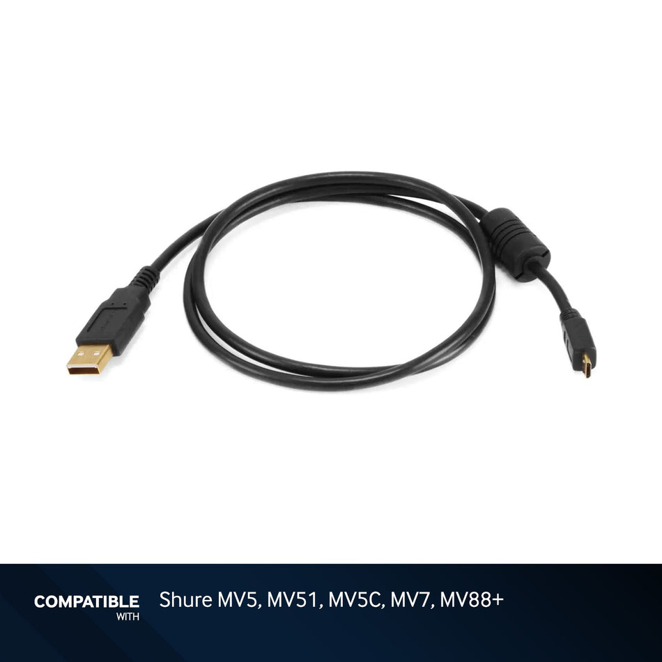 3-foot Black USB-A to USB Micro B Gold Plated Cable for Shure MV5, MV51, MV5C, MV7, MV88+