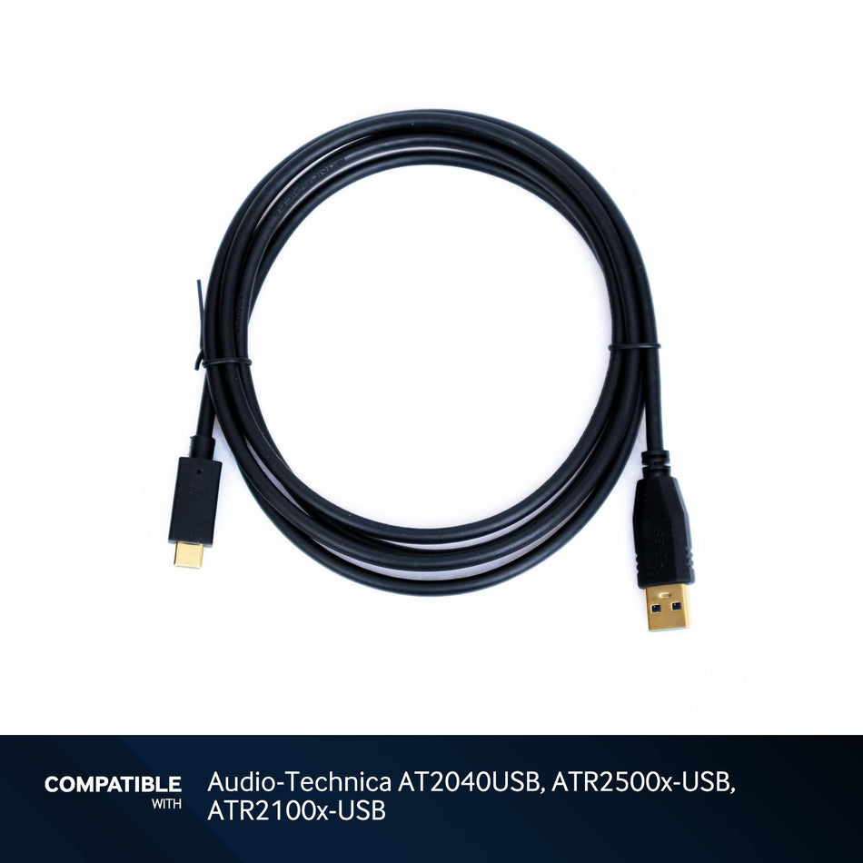 6-Foot Black USB-C to USB-A Cable for Audio-Technica AT2040USB, ATR2500x-USB, ATR2100x-USB