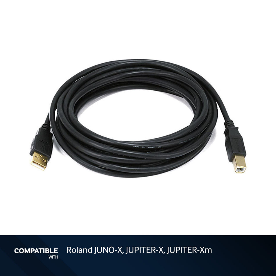 15-foot Black USB-A to USB-B 2.0 Gold Plated Cable for Roland JUNO-X, JUPITER-X, JUPITER-Xm