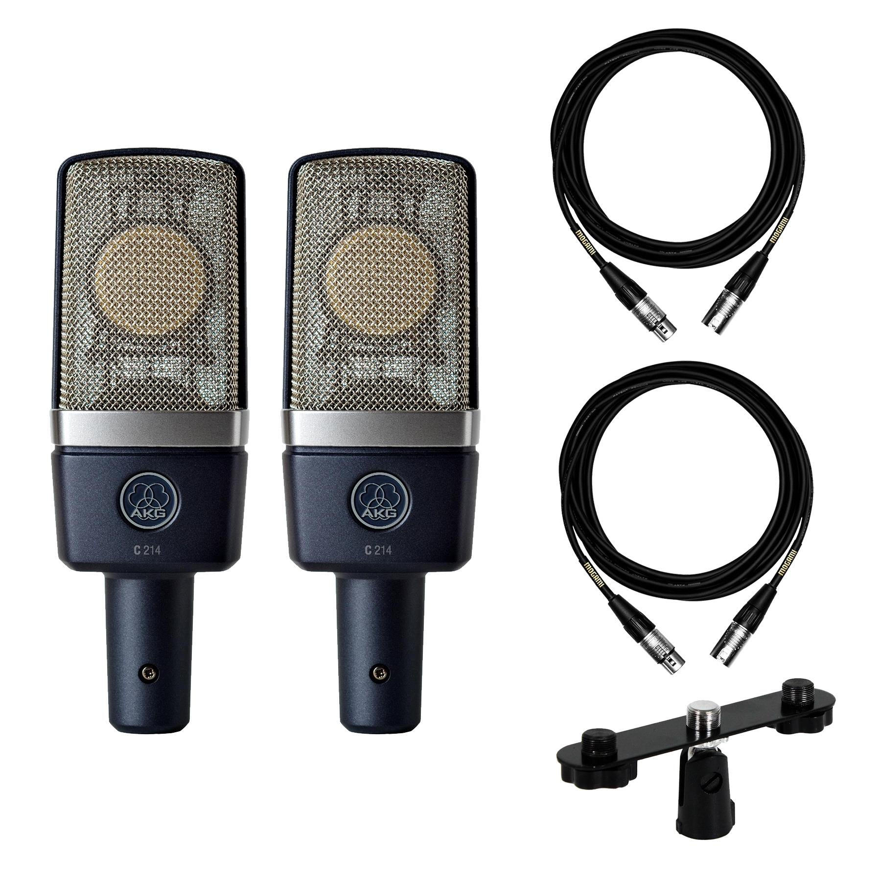 AKG C214 Microphone Stereo Pair w/ T-Bar & 2 15ft XLR Mogami