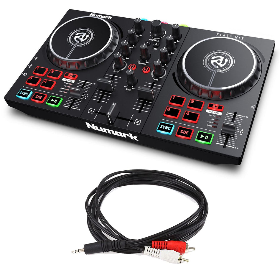 Numark Party Mix MKII DJ Controller Bundle with 1/8" to Dual RCA Cable