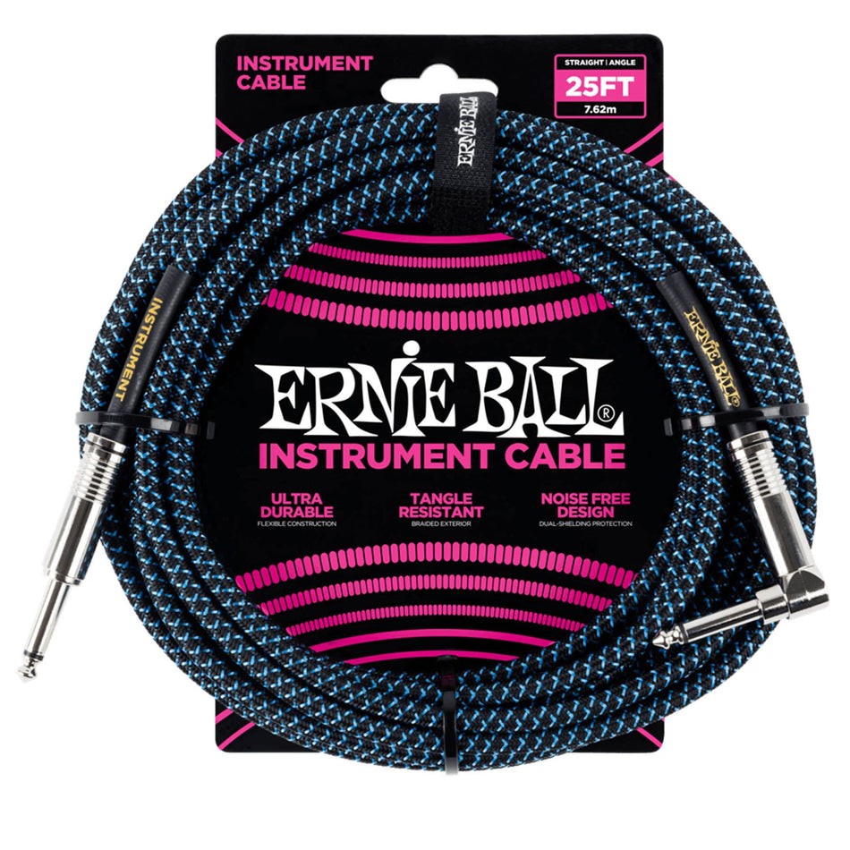 Ernie Ball 6060 25-Foot 1/4" Straight/Angle Braided Black/Blue Guitar Cable