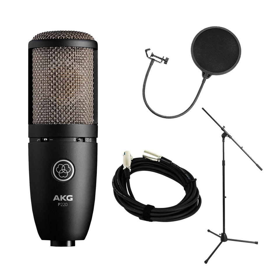 AKG P220 Microphone w/ 20-foot XLR Cable & Pop Filter & Stand Bundle
