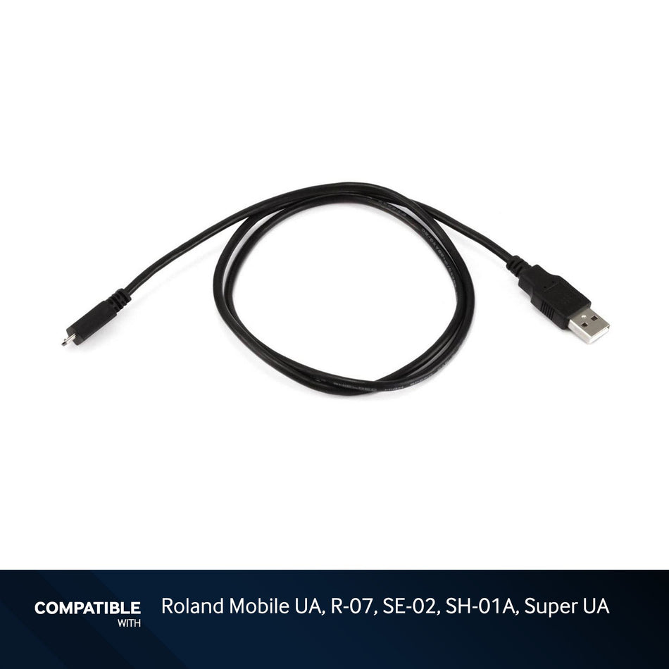 3-foot Black USB-A to Micro B Cable for Roland Mobile UA, R-07, SE-02, SH-01A, Super UA
