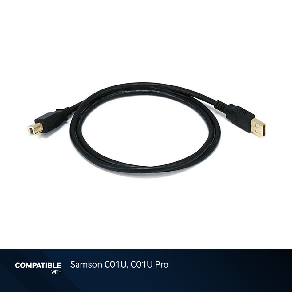 3-foot Black USB-A to USB-B 2.0 Gold Plated Cable for Samson C01U, C01U Pro