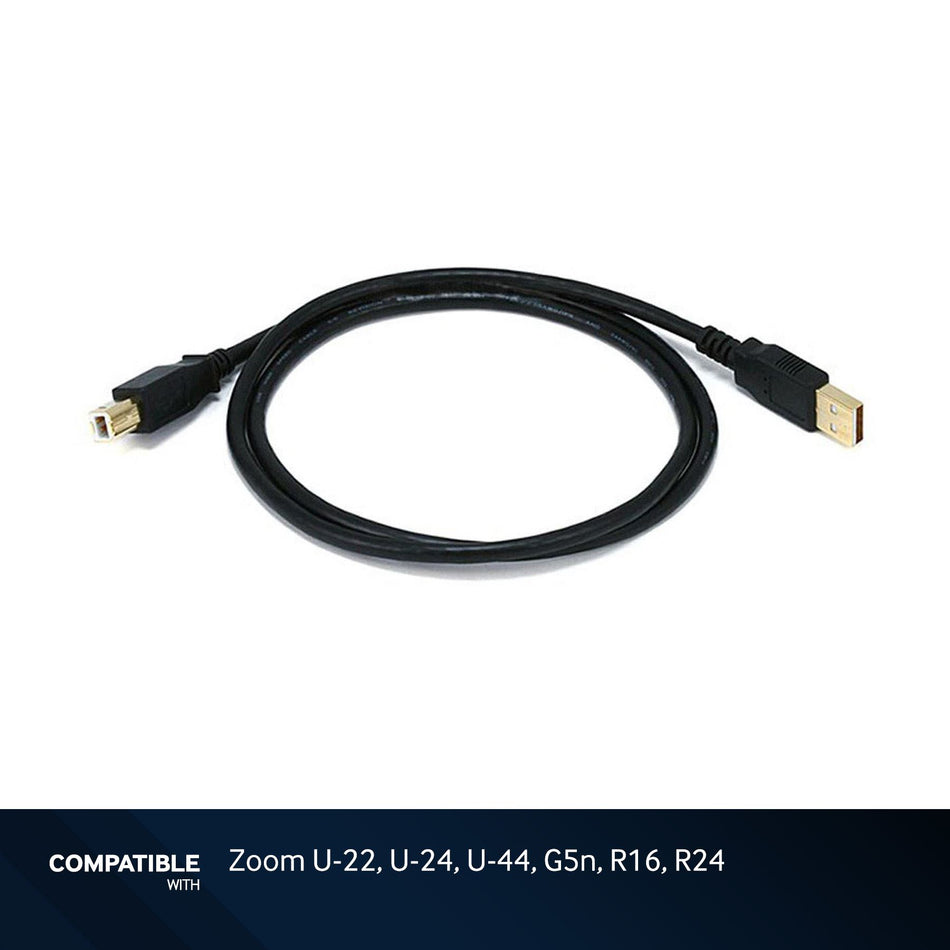 3-foot Black USB-A to USB-B 2.0 Gold Plated Cable for Zoom U-22, U-24, U-44, G5n, R16, R24