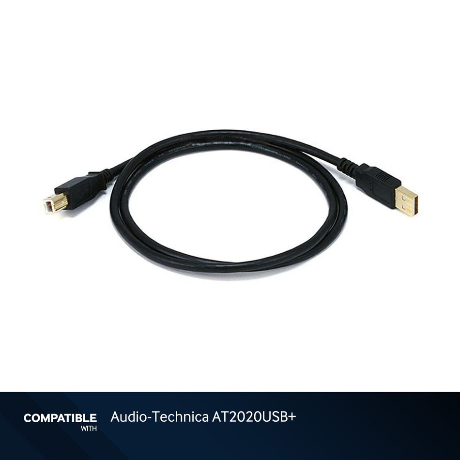 3-foot Black USB-A to USB-B 2.0 Gold Plated Cable for Audio-Technica AT2020USB+