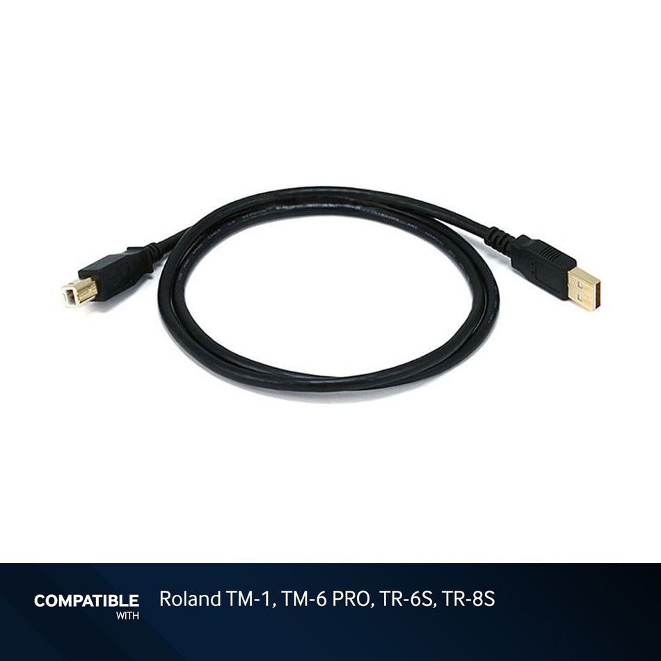 3-foot Black USB-A to USB-B 2.0 Gold Plated Cable for Roland TM-1, TM-6 PRO, TR-6S, TR-8S