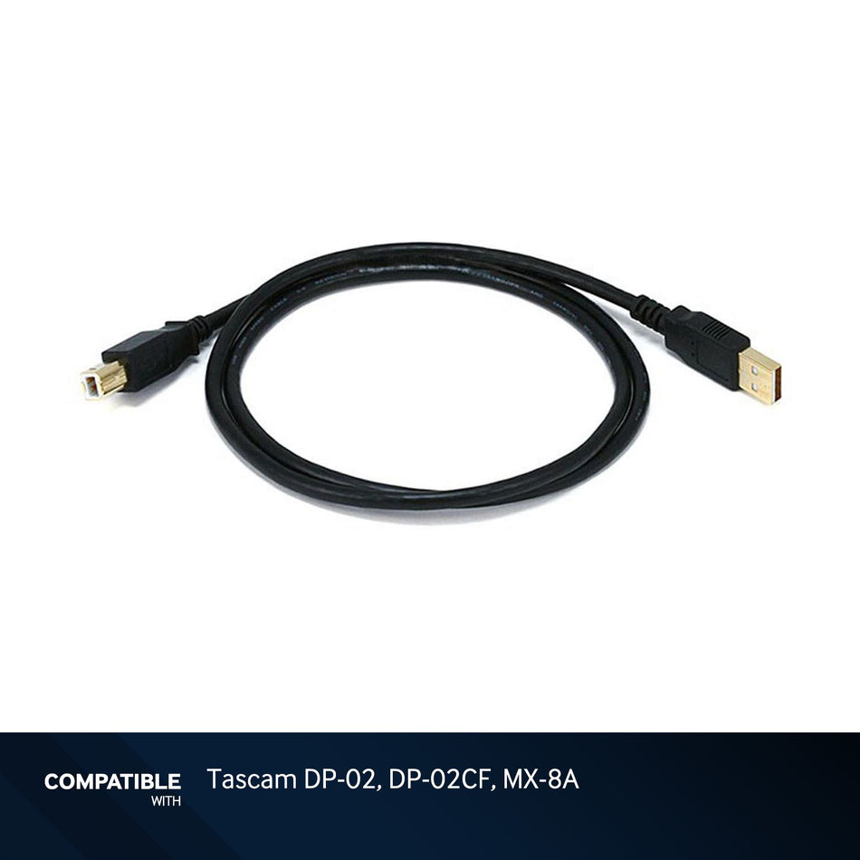 3-foot Black USB-A to USB-B 2.0 Gold Plated Cable for Tascam DP-02, DP-02CF, MX-8A