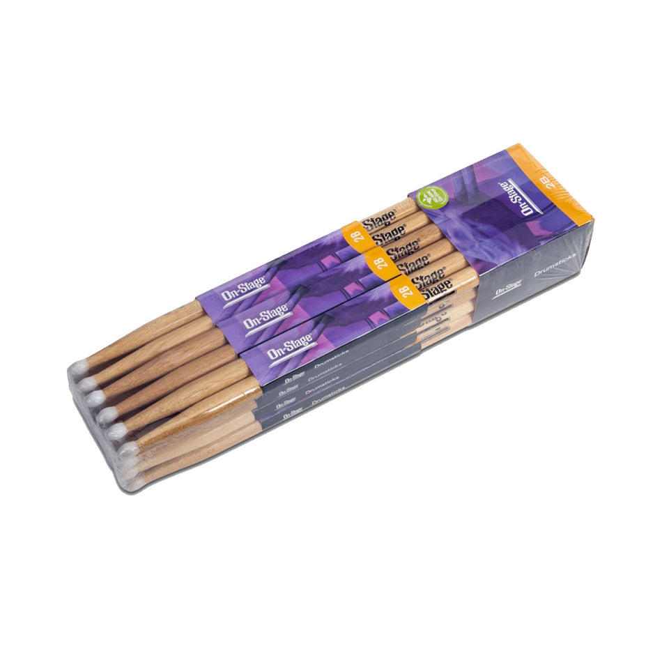 On-Stage HN2B Hickory 2B Wood Drum Sticks with Nylon Tips, 12-pack