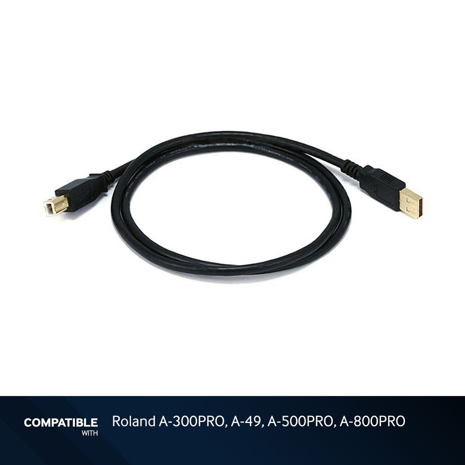 3-foot Black USB-A to USB-B 2.0 Gold Plated Cable for Roland A-300PRO, A-49, A-500PRO, A-800PRO