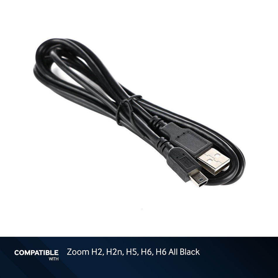 6-foot Black USB-A to Mini B Cable for Zoom H2, H2n, H5, H6, H6 All Black