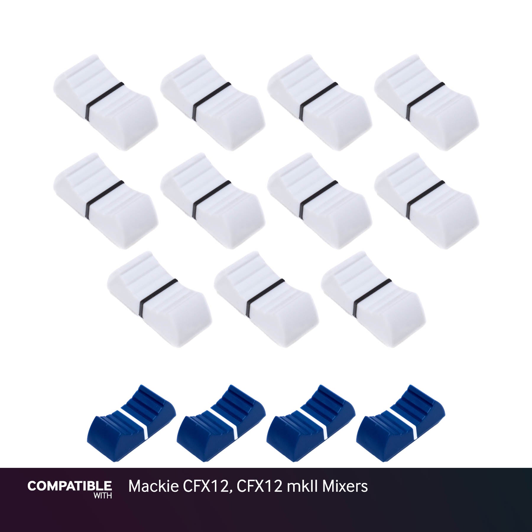 Full Set of White & Blue Fader Caps for Mackie CFX12, CFX12 mkII Mixers