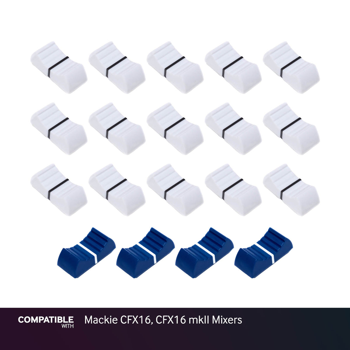 Full Set of White & Blue Fader Caps for Mackie CFX16, CFX16 mkII Mixers