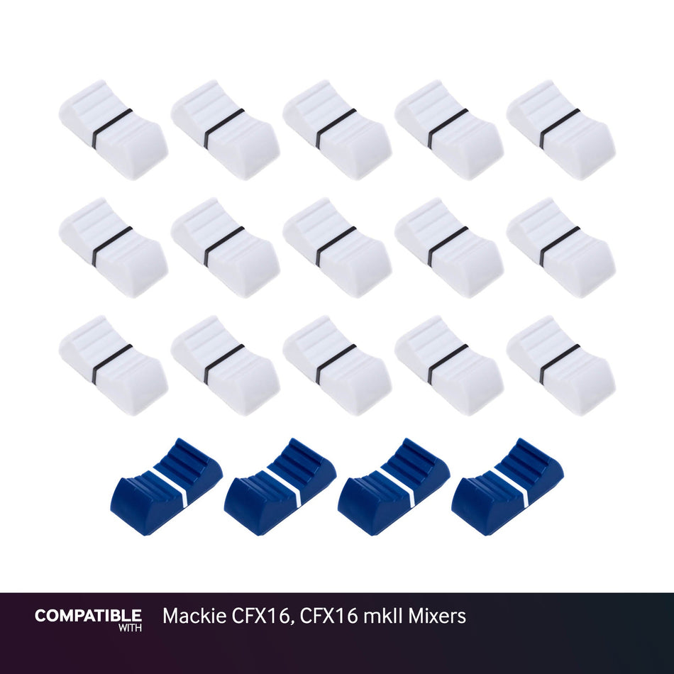 Full Set of White & Blue Fader Caps for Mackie CFX16, CFX16 mkII Mixers