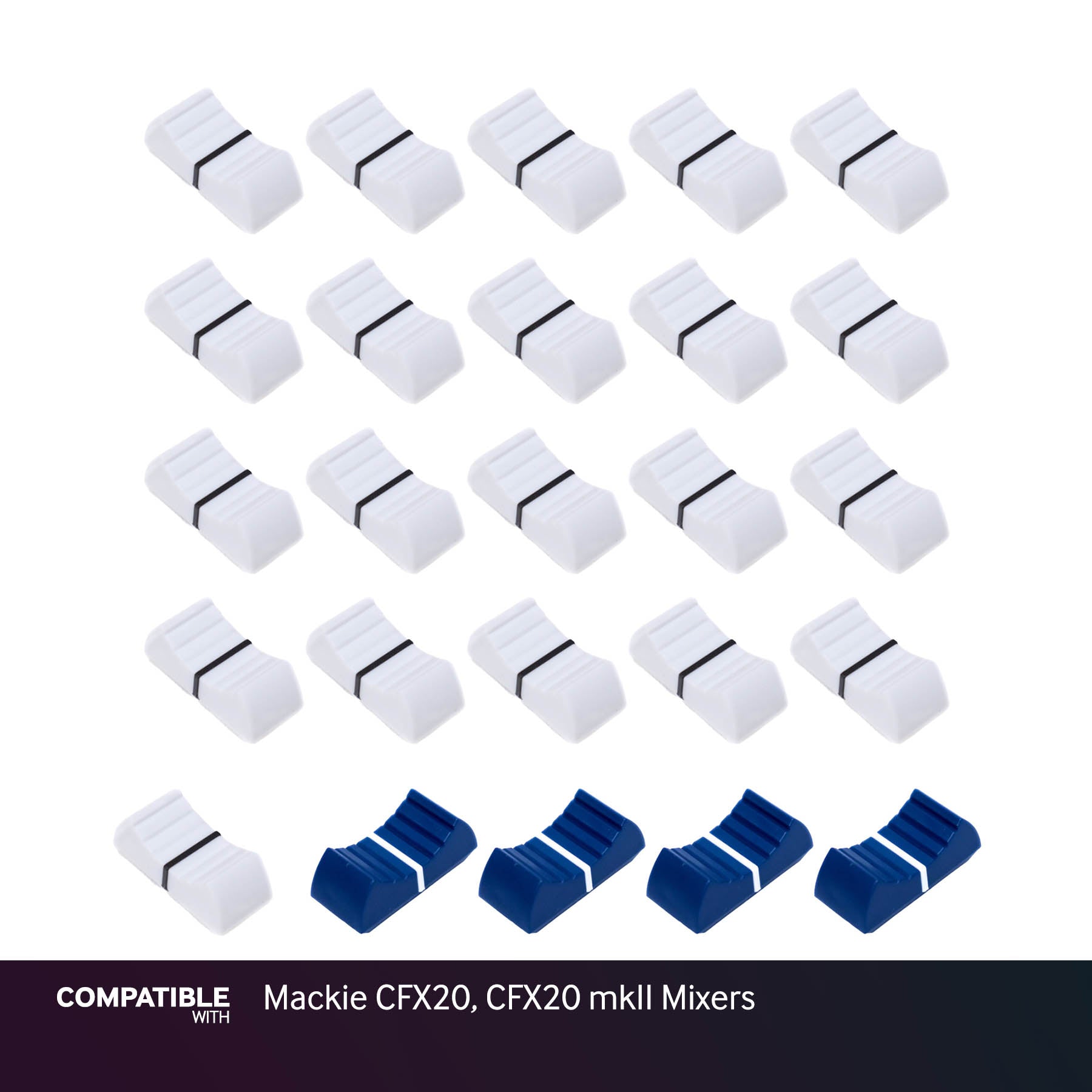 Full Set of White & Blue Fader Caps for Mackie CFX20, CFX20 mkII Mixers