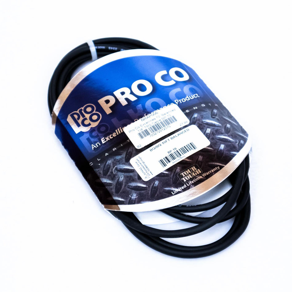 Pro Co Excellines BP-10 1/4" TRS to 1/4" TRS Balanced Patch Cable, 10-Foot
