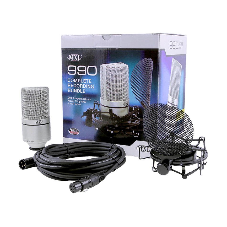 MXL 990 Complete Microphone Recording Bundle with Shockmount, Pop Filter, Cable