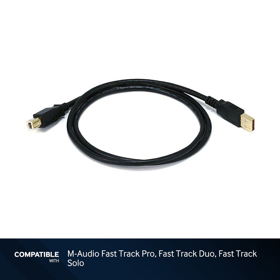 3-foot Black USB-A to USB-B 2.0 Gold Plated Cable for M-Audio Fast Track Pro, Fast Track Duo, Fast Track Solo