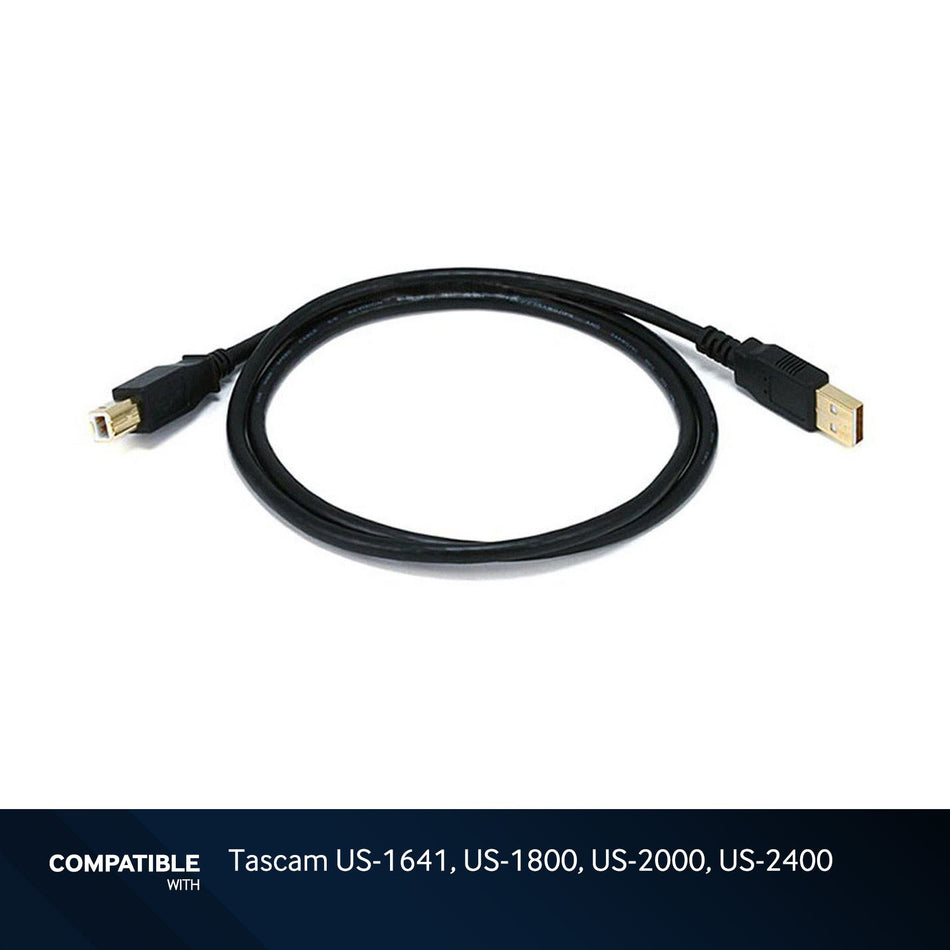 3-foot Black USB-A to USB-B 2.0 Gold Plated Cable for Tascam US-1641, US-1800, US-2000, US-2400