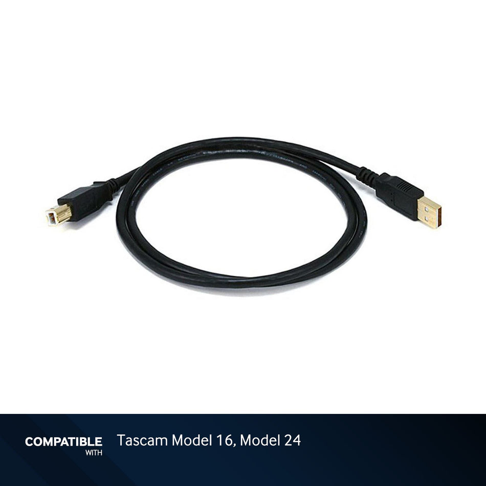 3-foot Black USB-A to USB-B 2.0 Gold Plated Cable for Tascam Model 16, Model 24