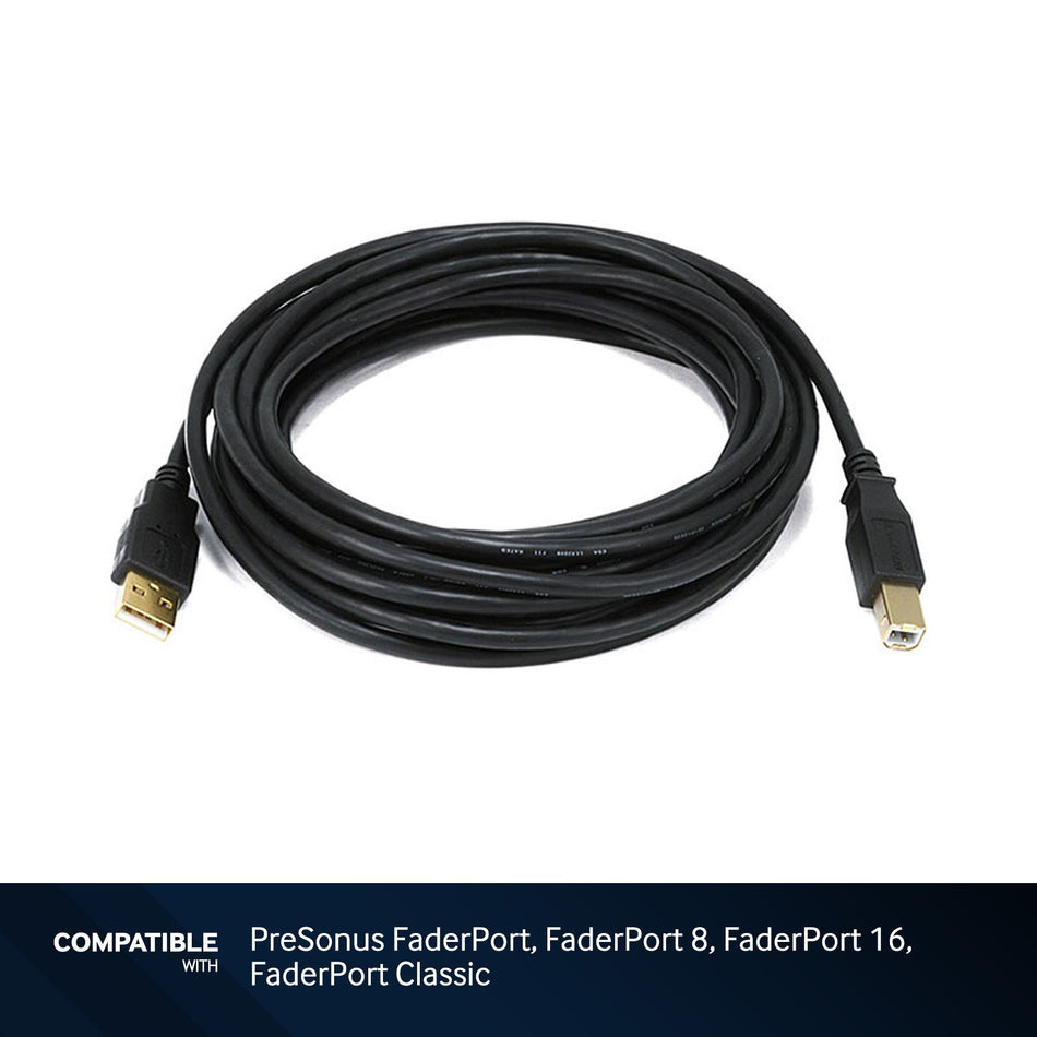 15-foot Black USB-A to USB-B 2.0 Gold Plated Cable for PreSonus FaderPort, FaderPort 8, FaderPort 16, FaderPort Classic