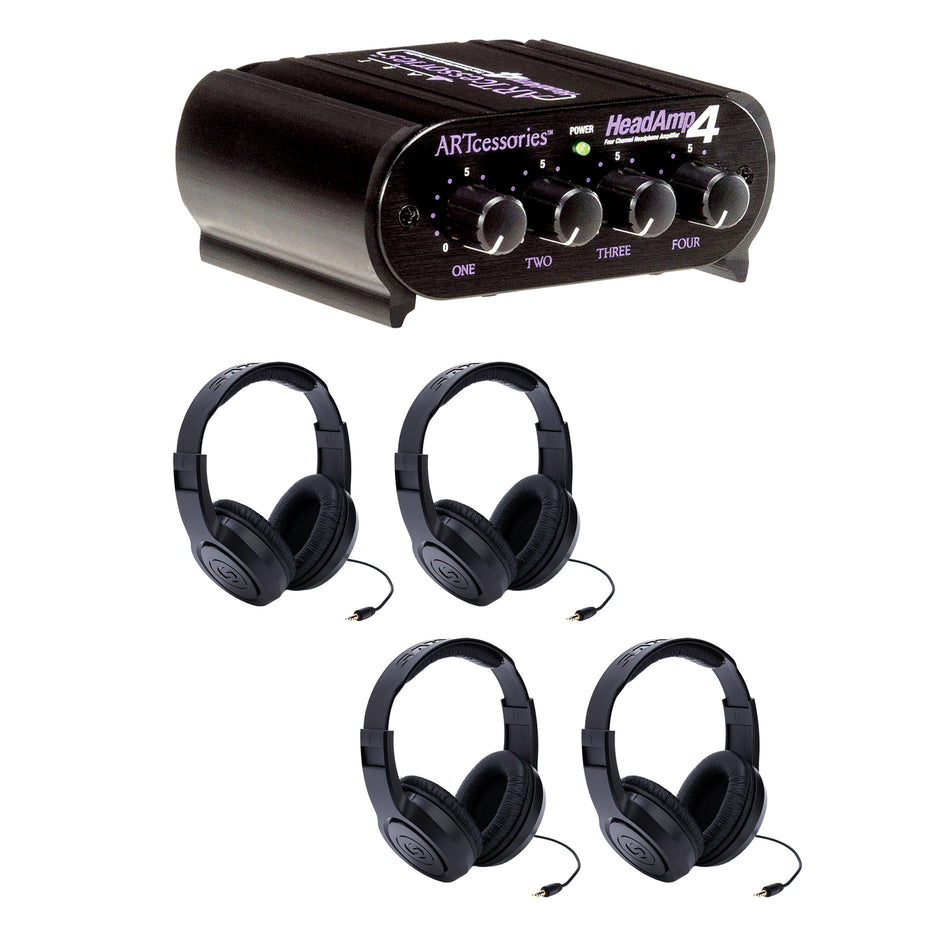 ART HeadAmp 4 Headphone Amplifier Bundle with 4 Samson SR350 Headphones