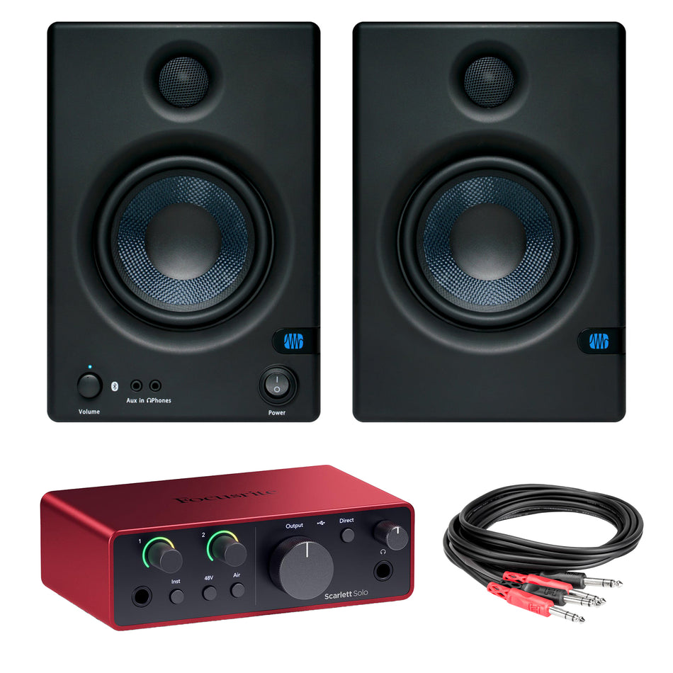 PreSonus Eris 5BT (2nd Gen) 5-inch Studio Monitors Bundle with Focusrite Scarlett Solo & TRS Cables