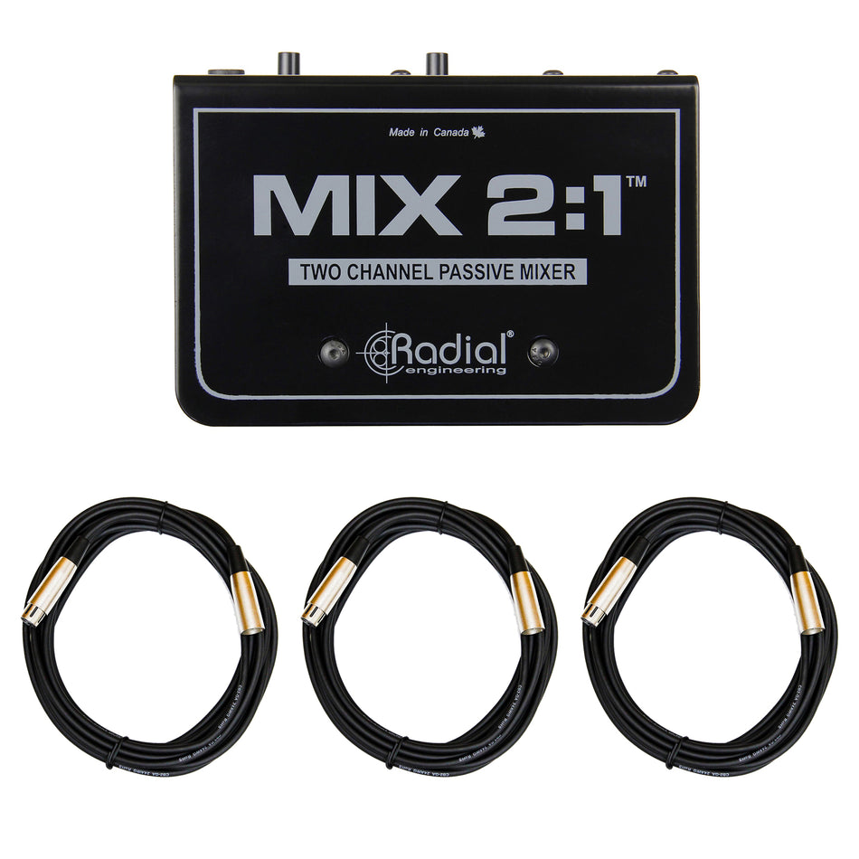 Radial Engineering MIX 2:1 2-Channel Passive Mixer bundle with Three XLR Cables