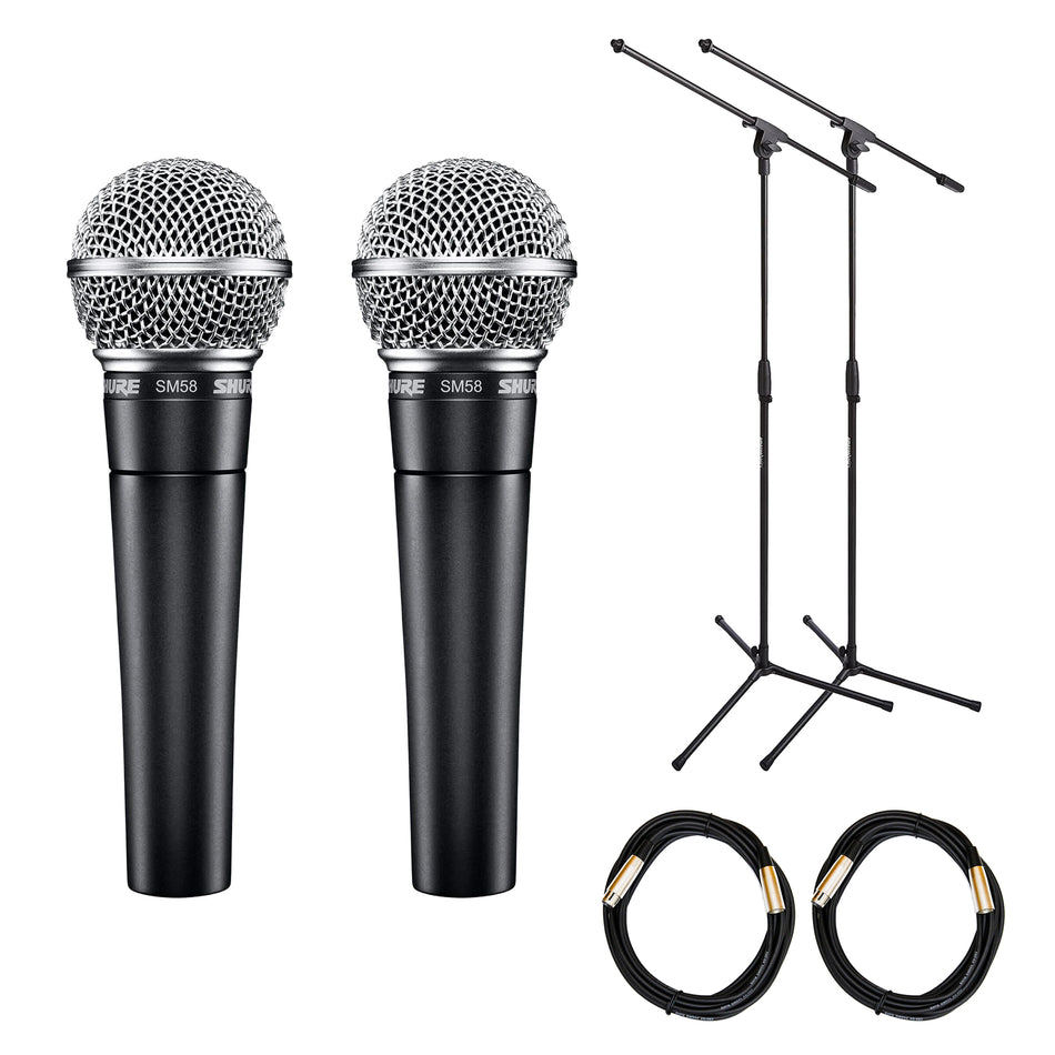 Pair of Shure SM58 with Stands & XLR Cables