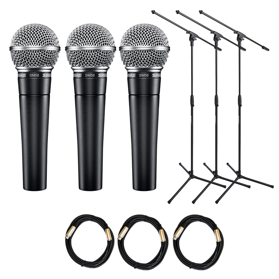 Shure SM58 3-Pack with Stands & XLR Cables