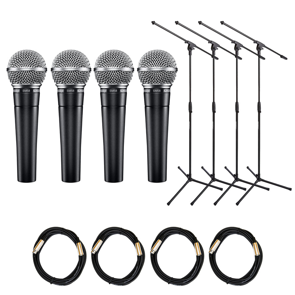 Shure SM58 4-Pack with Stands & XLR Cables