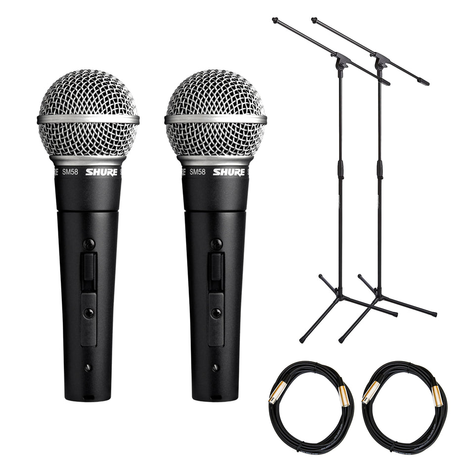 Pair of Shure SM58S with Stands & XLR Cables