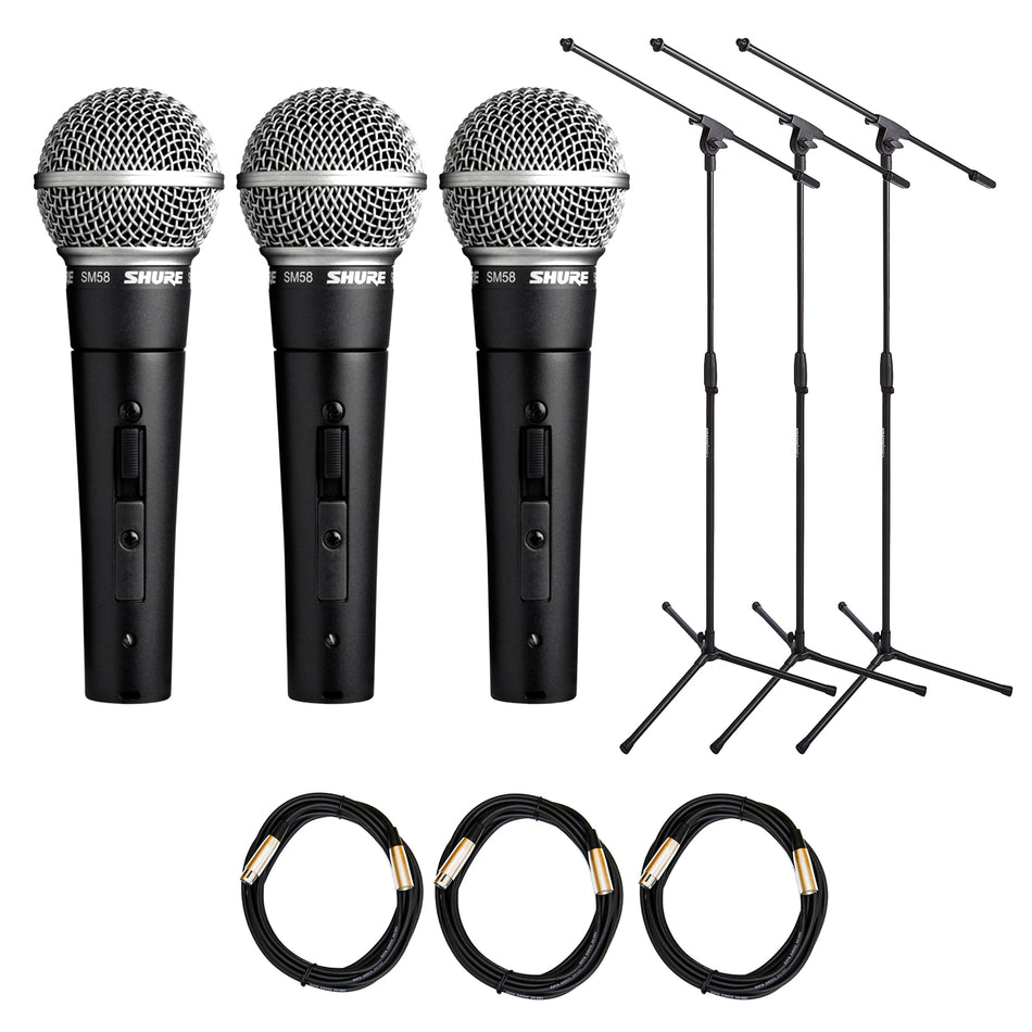 Shure SM58S 3-Pack with Stands & XLR Cables
