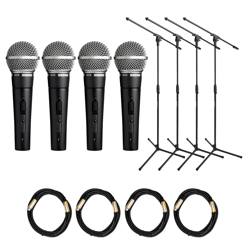 Shure SM58S 4-Pack with Stands & XLR Cables