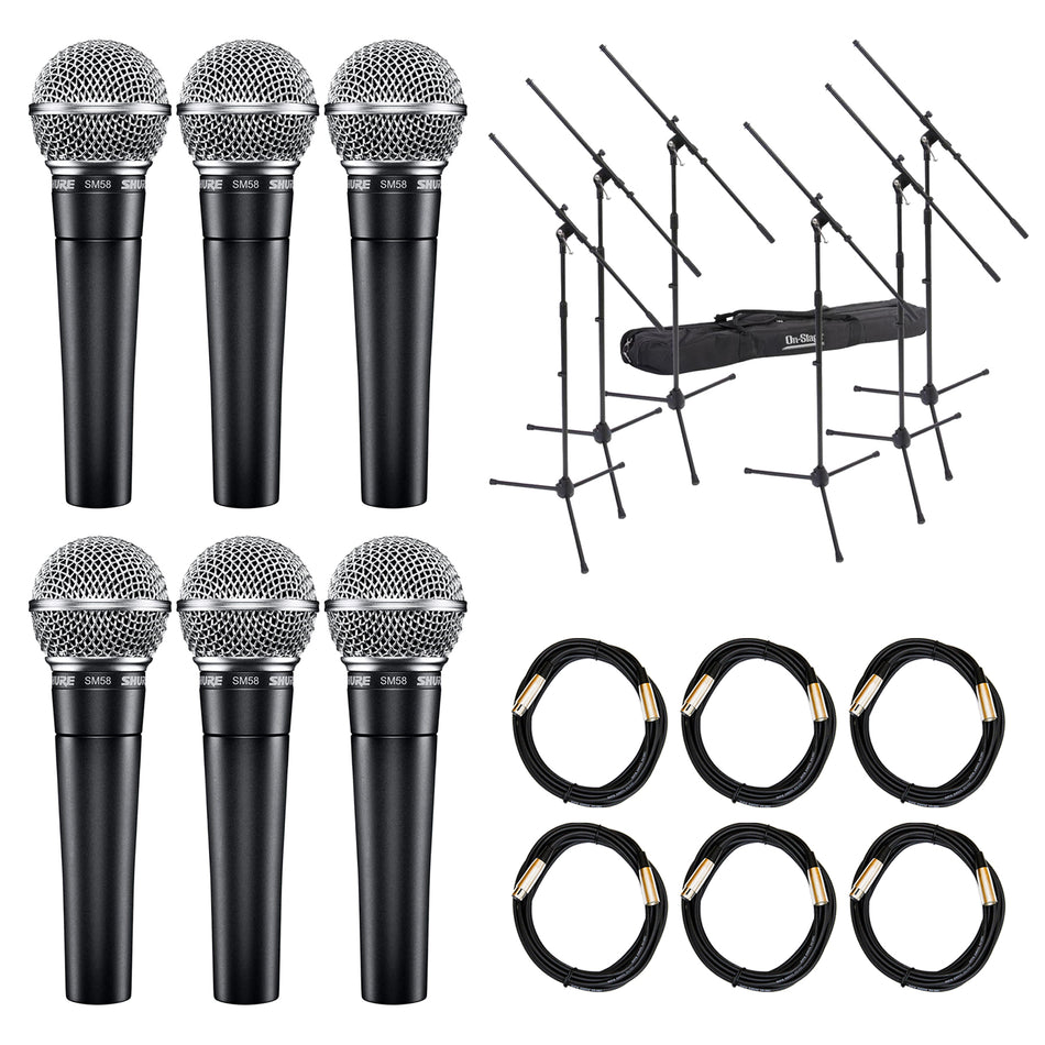 Shure SM58 6-Pack with Stands & XLR Cables
