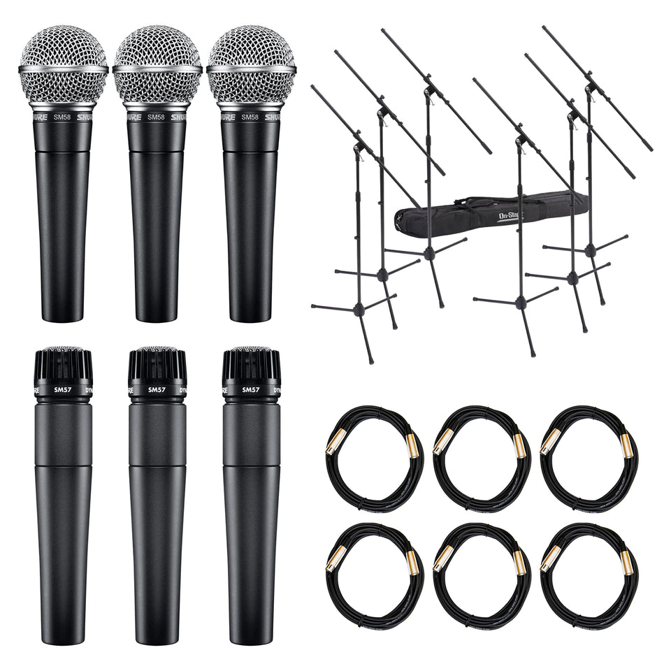 Shure SM57 (3-Pack) & SM58 (3-Pack) Bundle with Stands & XLR Cables