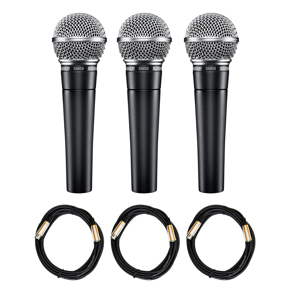 Shure SM58 Microphone 3-Pack with 20-foot XLR Cables