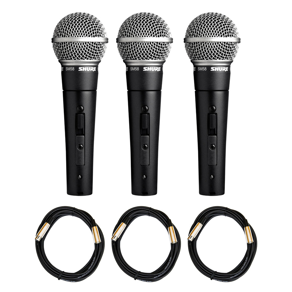 Shure SM58S Microphone 3-Pack with 20-foot XLR Cables