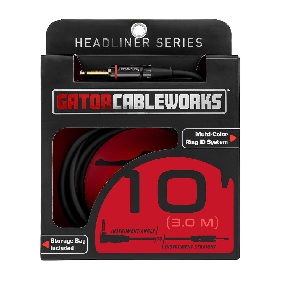 Gator CableWorks GCWH-INS-10RA Headliner 10-foot 1/4" TS Instrument Angle to Straight Cable
